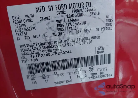 2007 Ford F-150 Fx4/Lariat/Xl/Xlt z USA, uszkodzony, nr VIN 1FTPX14557FB60744